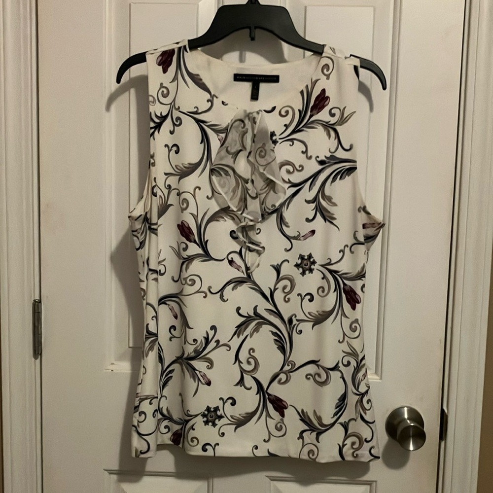 White House Black Market Ruffled Sleeveless Blouse Black and White